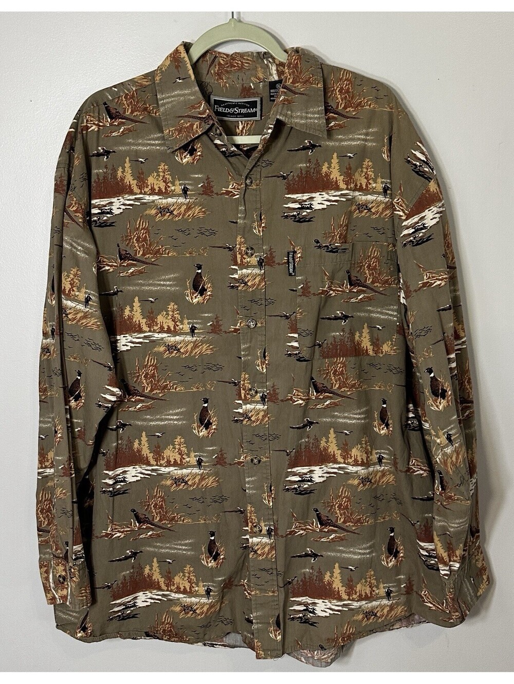 Field & Stream Pheasant Hunting Dog Long Sleeve Olive Soft Cotton Shirt XL GUC.